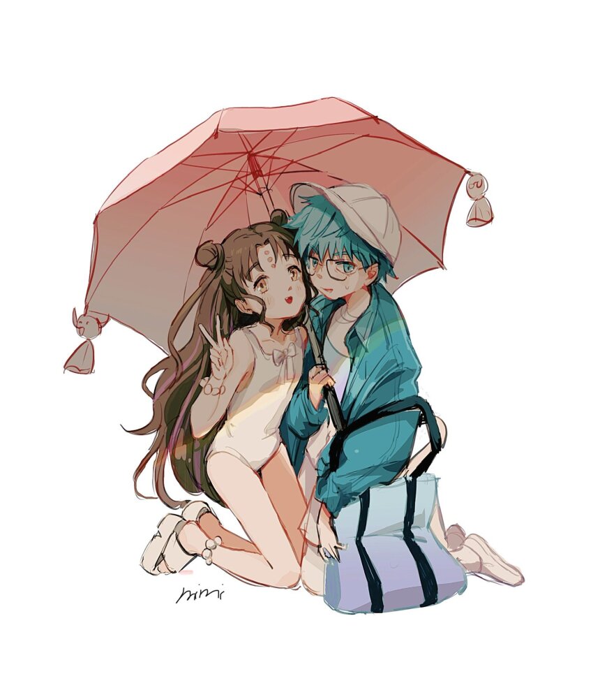 1boy, 1girl, amidura, artist_name, bag, baseball_cap, black_hair, blue_eyes