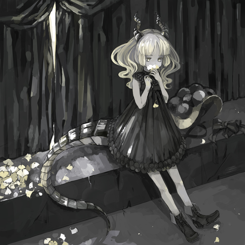 1girl, autumn_leaves, black_bow, black_dress, black_footwear, blonde_hair, bow, dragon_girl, dragon_horns, dragon_tail, dress, horns, leaf, medium_hair, mugikum0, original, sitting, sleeveless, sleeveless_dress, solo, tail, unworn_headwear, yellow_eyes