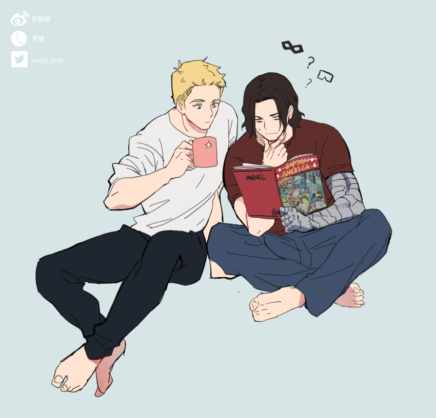 2boys, ?, barefoot, black_hair, black_pants, blonde_hair, blue_eyes, blue_pants