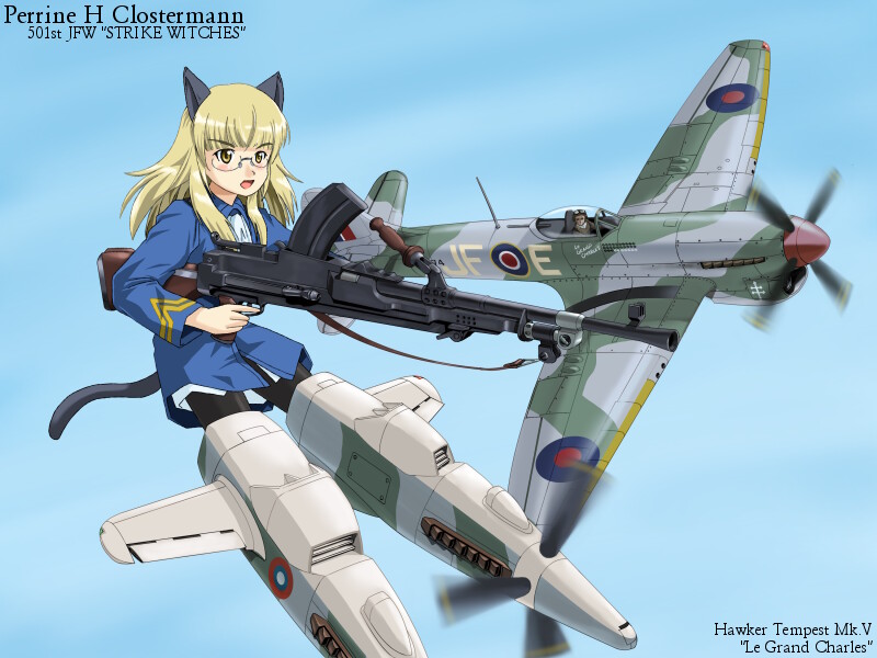 1girl, aircraft, airplane, animal_ears, blonde_hair, bren_lmg, cat_ears, cat_tail, day, flak_(aaa's_room), flak_(artist), flying, glasses, gun, hawker_tempest, light_machine_gun, long_hair, machine_gun, military, military_uniform, military_vehicle, pantyhose, perrine_h._clostermann, pierre_clostermann, propeller, propeller_fighter, sky, strike_witches, striker_unit, tail, vehicle_focus, weapon, world_war_ii, world_witches_series, yellow_eyes