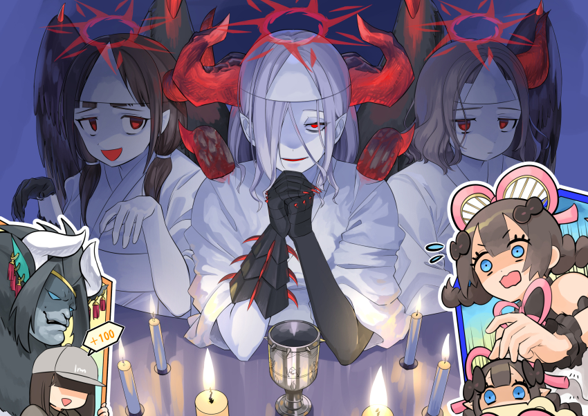 1boy, 5girls, absurdres, alternate_costume, blue_eyes, brown_hair, capricious_darklord, chalice