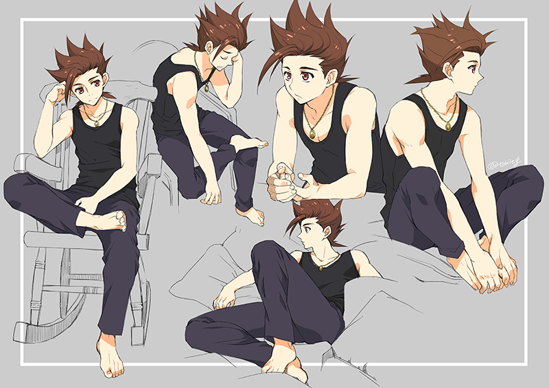 barefoot, black_pants, black_shirt, black_tank_top, brown_eyes, brown_hair, dorsiflexion, feet