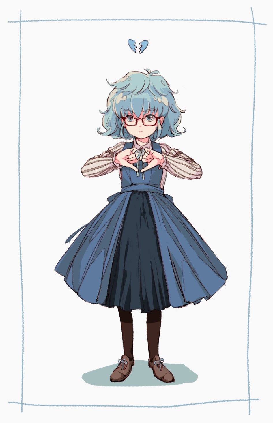 1girl, amidura, black-framed_eyewear, black_pantyhose, black_shirt, blue_dress, blue_eyes, blue_hair, blue_ribbon, broken_heart, broken_heart_hands, brown_footwear, closed_mouth, dress, fate/extra, fate/extra_ccc, fate/grand_order, fate_(series), full_body, genderswap, genderswap_(mtf), glasses, grey_shirt, hands_up, hans_christian_andersen_(fate), heart, highres, looking_at_viewer, neck_ribbon, pantyhose, ribbon, shirt, short_hair, solo, standing, striped_clothes, striped_shirt, two-tone_shirt, vertical-striped_clothes, vertical-striped_shirt, white_shirt