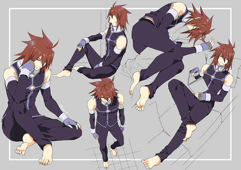 barefoot, brown_eyes, brown_hair, feet, fingerless_gloves, gloves, kratos_aurion, male_focus