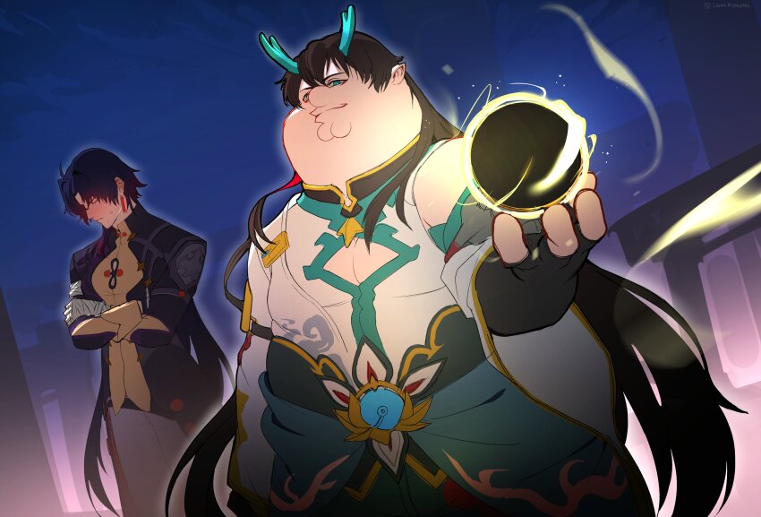 2boys, absurdres, aqua_eyes, aqua_horns, bandaged_hand, bandages, black_gloves, black_hair, blade_(honkai:_star_rail), blush, casting_spell, cleft_chin, closed_eyes, closed_mouth, cosplay, crossed_arms, dan_heng_(honkai:_star_rail), dan_heng_(honkai:_star_rail)_(cosplay), dan_heng_(imbibitor_lunae)_(honkai:_star_rail), dragon_boy, dragon_horns, eyeliner, family_guy, fat, fat_man, fingerless_gloves, gloves, highres, honkai:_star_rail, honkai_(series), horns, kowai_(iamkowai), long_hair, magic, makeup, male_focus, multiple_boys, outdoors, pectoral_cleavage, pectorals, peter_griffin, pointy_ears, red_eyeliner