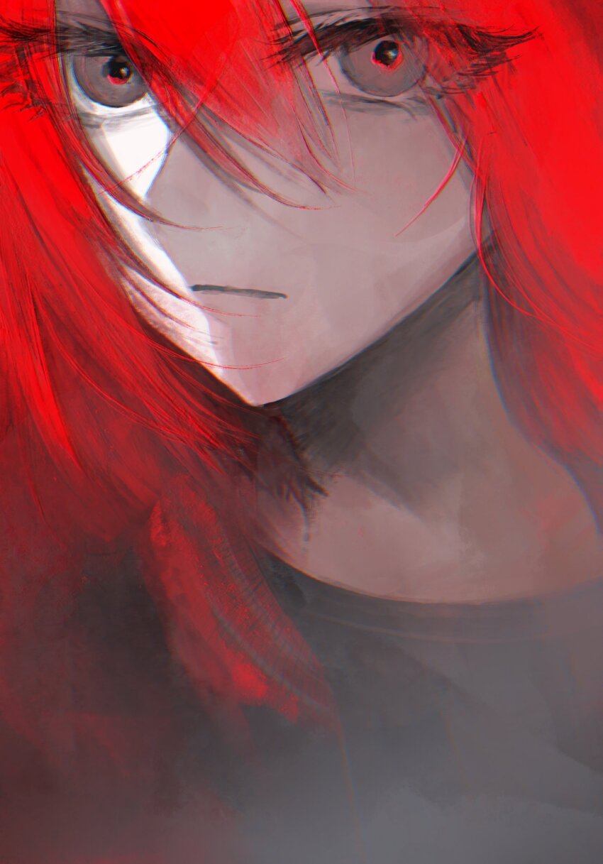 1girl, alternate_hair_length, alternate_hairstyle, black_shirt, chinosuke_(o_j_o_p), close-up, expressionless, grey_eyes