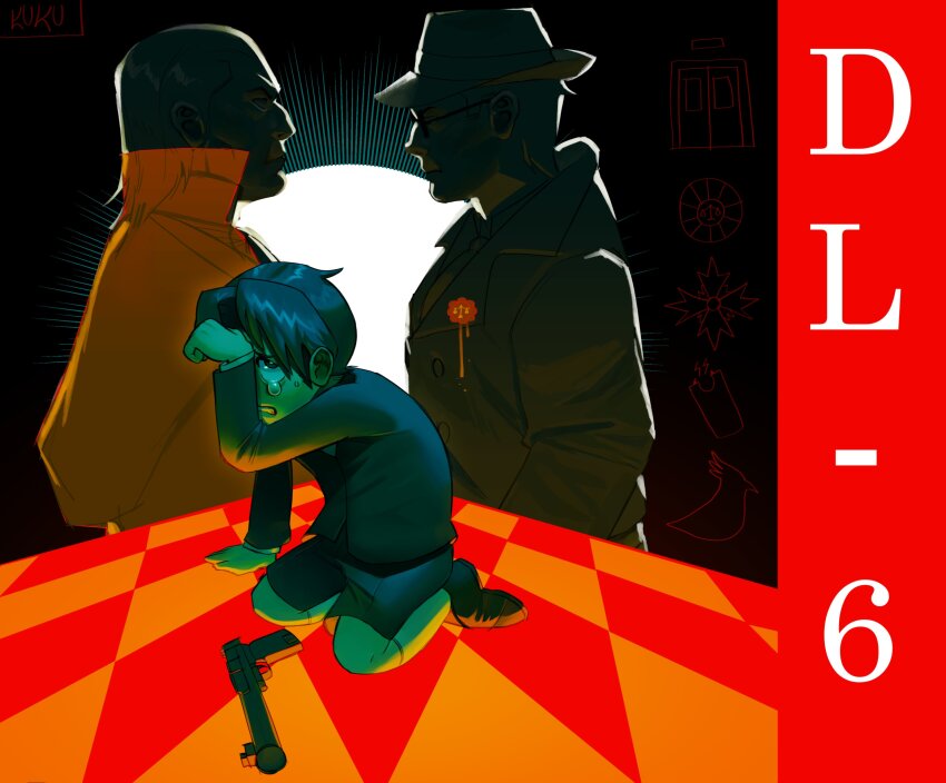 3boys, absurdres, ace_attorney, arm_support, arms_behind_back, badge, checkered_floor, closed_mouth