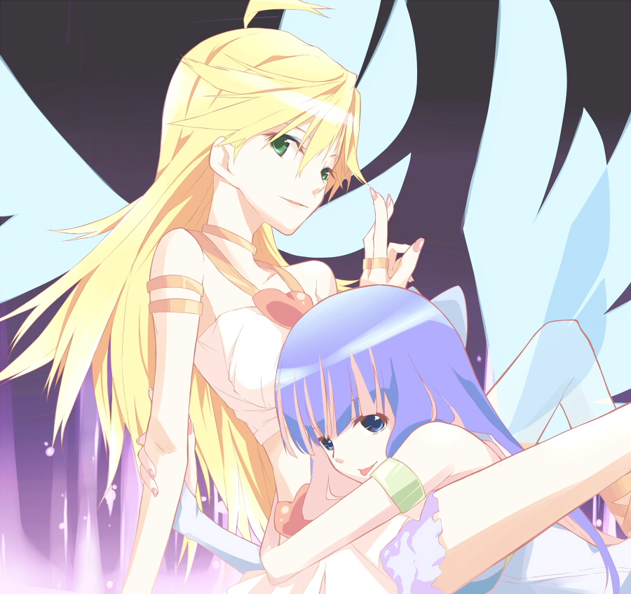 10s, 2girls, :p, ahoge, alternate_costume, blonde_hair, blue_eyes, green_eyes