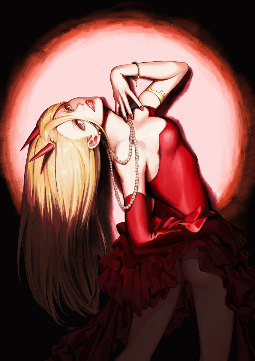 1girl, absurdres, arched_back, ass, backless_dress, backless_outfit, bead_necklace, beads