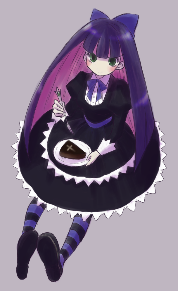 10s, 1girl, bad_id, bad_pixiv_id, bow, cake, colored_inner_hair, dress, female_focus, food, fork, full_body, green_eyes, multicolored_hair, panty_&amp;_stocking_with_garterbelt, purple_hair, shirokuro_neko, simple_background, solo, stocking_(psg), striped_clothes, striped_thighhighs, thighhighs