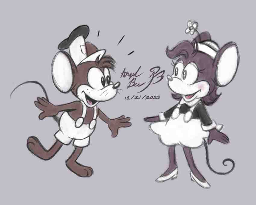 1920s_(style), 1boy, 1girl, absurdres, angelbee623, animal_ears, artist_name, barefoot, blush, commentary, dated, disney, dress, english_commentary, greyscale, highres, mickey_mouse, mickey_mouse_&amp;_friends, minnie_mouse, monochrome, mouse_boy, animal_nose, open_mouth, simple_background, smile, steamboat_willie, toes, toon_(style), walt_disney_(style), white_dress, white_headwear