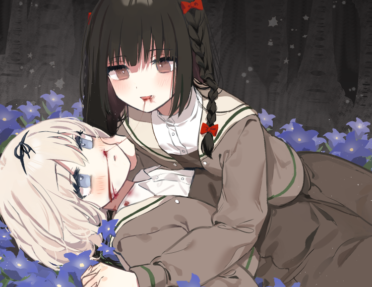 2girls, black_hair, blonde_hair, blood, blood_trail, blush, bow, braid