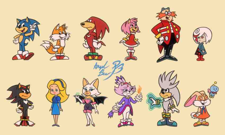 6+boys, 6+girls, amy_rose, angelbee623, animal_ears, animal_nose, artist_name, bat_girl, blaze_the_cat, blue_fur, character_request, closed_mouth, commentary, cream_the_rabbit, dr._eggman, dress, english_commentary, everyone, facial_hair, fire, fox_boy, furry, furry_female, furry_male, gloves, glowing, glowing_hand, hanna-barbera, hedgehog_boy, highres, knuckles_the_echidna, maria_robotnik, multiple_boys, multiple_girls, mustache, neutral_chao, open_mouth, parody, red_dress, red_footwear, rouge_the_bat, shadow_the_hedgehog, shoes, silver_the_hedgehog, simple_background, smile, sonic_(series), sonic_the_hedgehog, standing, style_parody, tail, tails_(sonic), thick_mustache, two-tone_fur, white_gloves