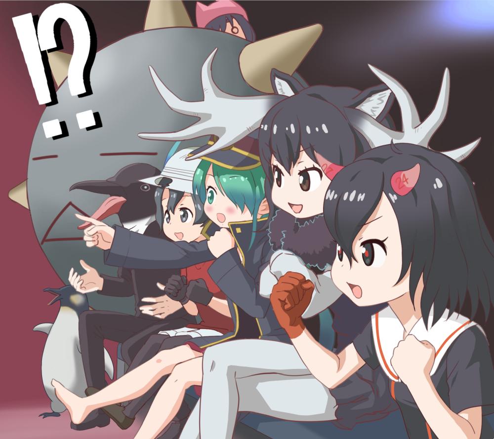 !?, 1boy, 5girls, :d, animal_ear_fluff, animal_ears, antlers, barefoot