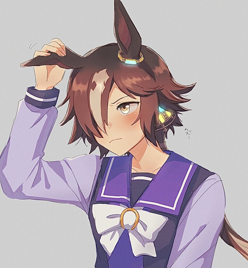 1girl, animal_ears, blush, bow, brown_hair, closed_mouth, commentary_request, ear_ornament