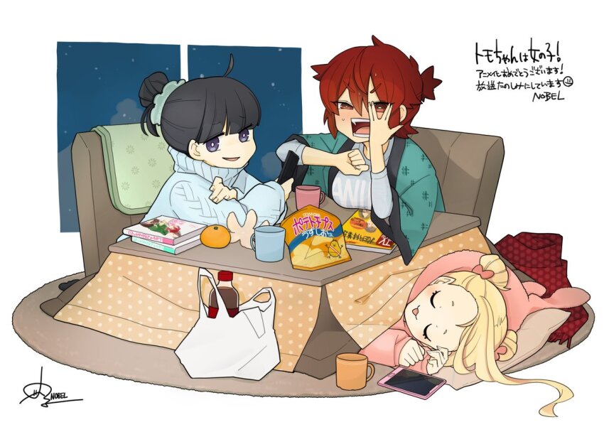 3girls, :3, aizawa_tomo, artist_name, bag, bag_of_chips, black_hair, blonde_hair, blue_eyes, blue_shirt, blue_sweater, blush, bottle, bow, carol_olston, cellphone, closed_eyes, clothes_writing, commentary_request, cup, double_bun, embarrassed, facing_viewer, food, fruit, green_happi, gundou_misuzu, hair_between_eyes, hair_bow, hair_bun, hair_ornament, hand_on_own_face, happi, holding, holding_phone, hood, hoodie, japanese_clothes, kotatsu, light_blush, long_hair, magazine_(object), manga_(object), multiple_girls, multiple_hair_bows, nobel_(nobel827), open_mouth, parted_lips, phone, pillow, pink_bow, pink_hoodie, plastic_bag, polka_dot, polka_dot_scarf, red_hair, red_scarf, scarf, second-party_source, shirt, short_hair, signature, sleeping, smartphone, smirk, soda_bottle, sweatdrop, sweater, table, tomo-chan_wa_onna_no_ko, translation_request, white_background, window