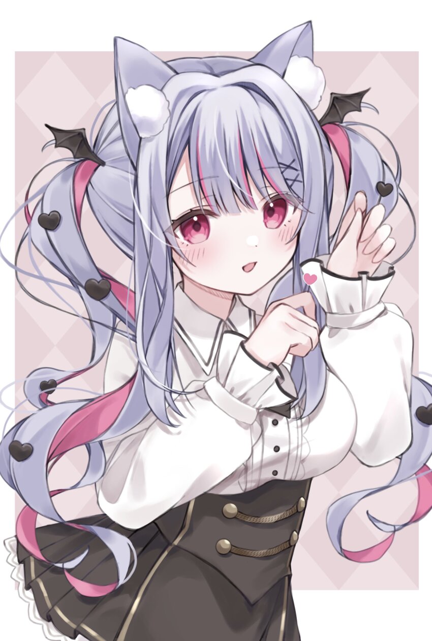 1girl, absurdres, animal_ear_fluff, black_corset, black_skirt, blush, collared_shirt, commission