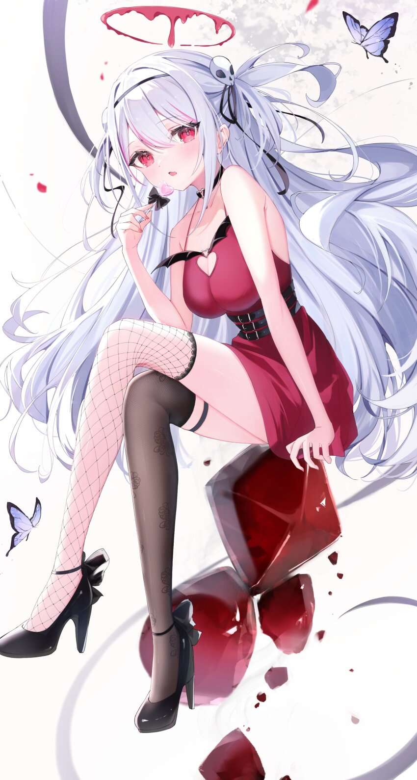 1girl, absurdres, belt, black_belt, black_footwear, black_thighhighs, bug, butterfly