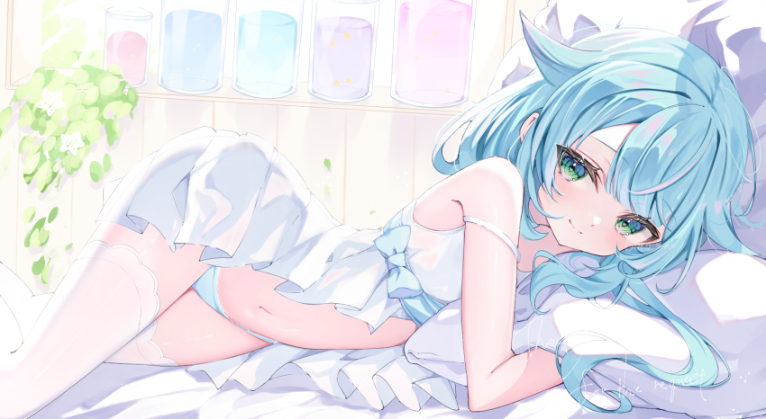 1girl, blue_bow, blue_hair, blue_panties, blush, bow, camisole, commission