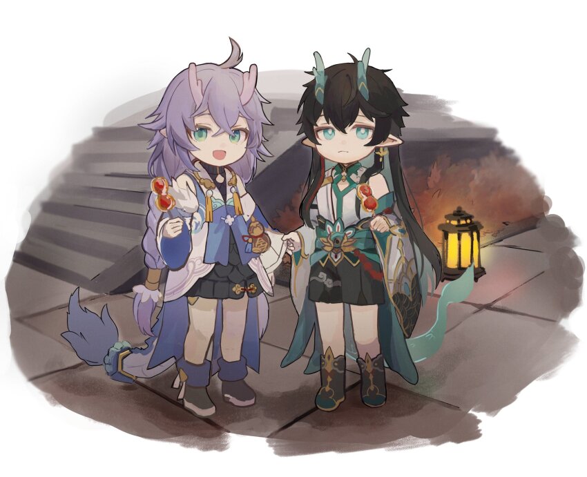 1boy, 1girl, :d, aged_down, ahoge, ankle_boots, aqua_eyes, aqua_horns