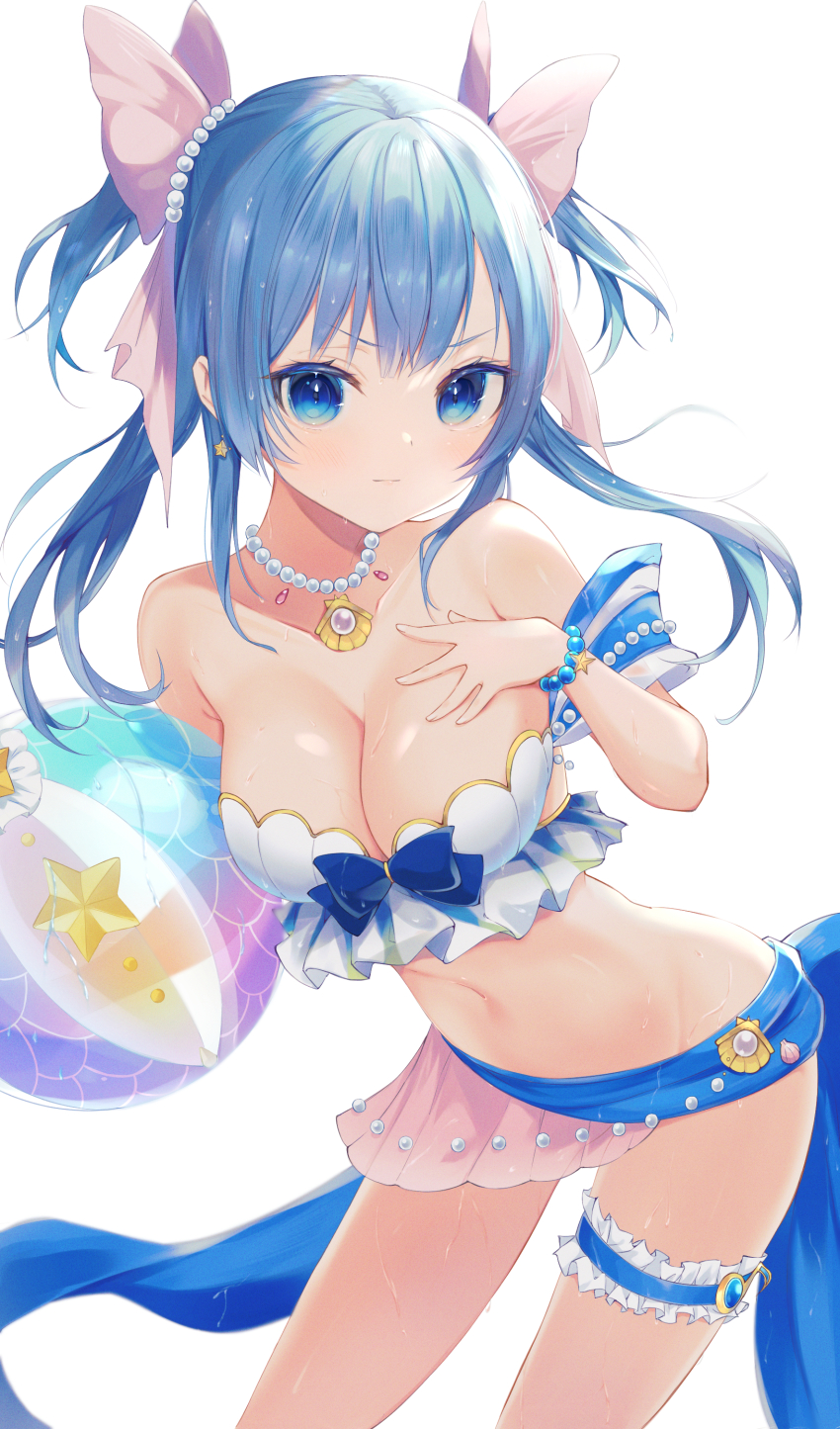 1girl, absurdres, ball, beachball, bikini, blue_eyes, blue_hair, bracelet