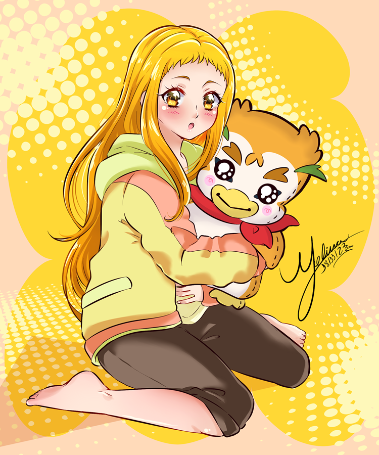 1girl, :o, artist_name, barefoot, black_pants, blonde_hair, capri_pants, character_doll