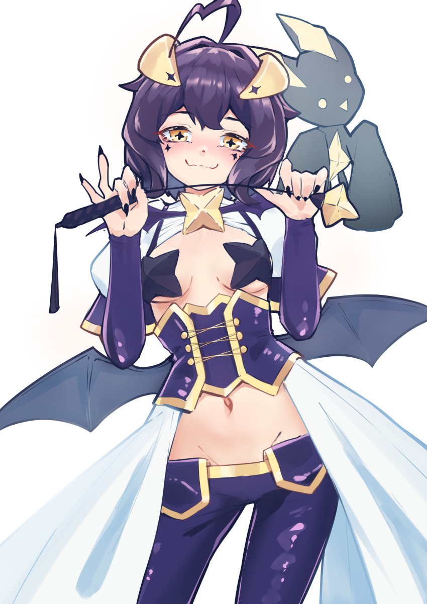 +_+, 1girl, :3, absurdres, ahoge, black_hair, black_nails, black_pants, blush, breasts, brown_eyes, closed_mouth, fingernails, highres, hiiragi_utena, littiecy, looking_at_viewer, mahou_shoujo_ni_akogarete, medium_breasts, navel, pants, sharp_fingernails, short_hair, smile, solo