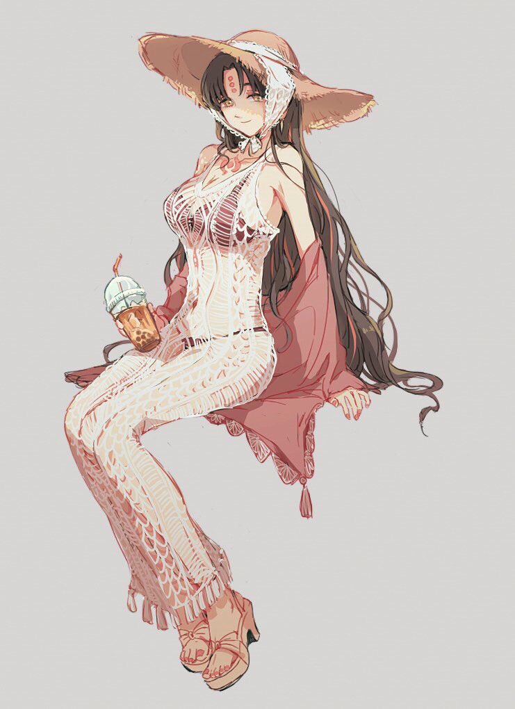 amidura, bikini, black_bikini, black_hair, breasts, brown_hat, brown_sandals, bubble_tea, chest_tattoo, closed_mouth, commentary_request, cup, disposable_cup, drinking_straw, facial_mark, fate/extra, fate/extra_ccc, fate/grand_order, fate_(series), feet, fingernails, forehead_mark, forehead_tattoo, hat, high_heel_sandals, high_heels, holding, holding_cup, invisible_chair, korean_commentary, large_breasts, legs, long_hair, looking_at_viewer, multicolored_hair, nail_polish, parted_bangs, pink_hair, pink_nails, pink_shawl, sandals, sessyoin_kiara, shawl, sitting, smile, straw_hat, streaked_hair, swimsuit, tassel, tattoo, toenail_polish, toenails, toes, very_long_hair, yellow_eyes