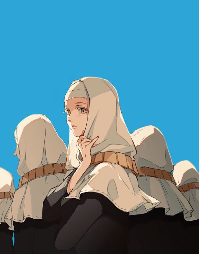 5girls, amidura, arm_under_breasts, black_dress, blue_background, coif, commentary_request, dress