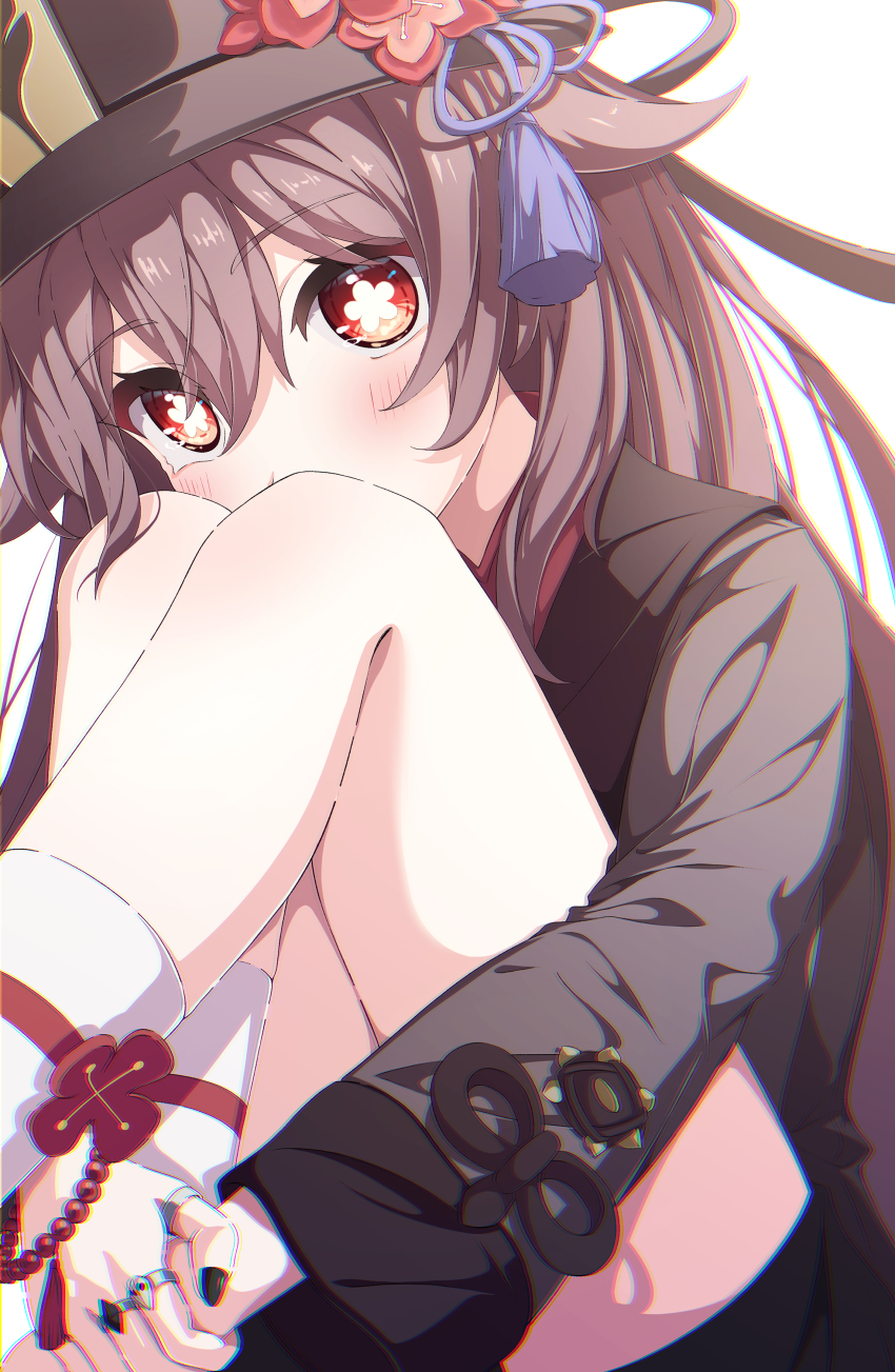 1girl, absurdres, black_nails, black_shorts, blush, chromatic_aberration, flower, genshin_impact