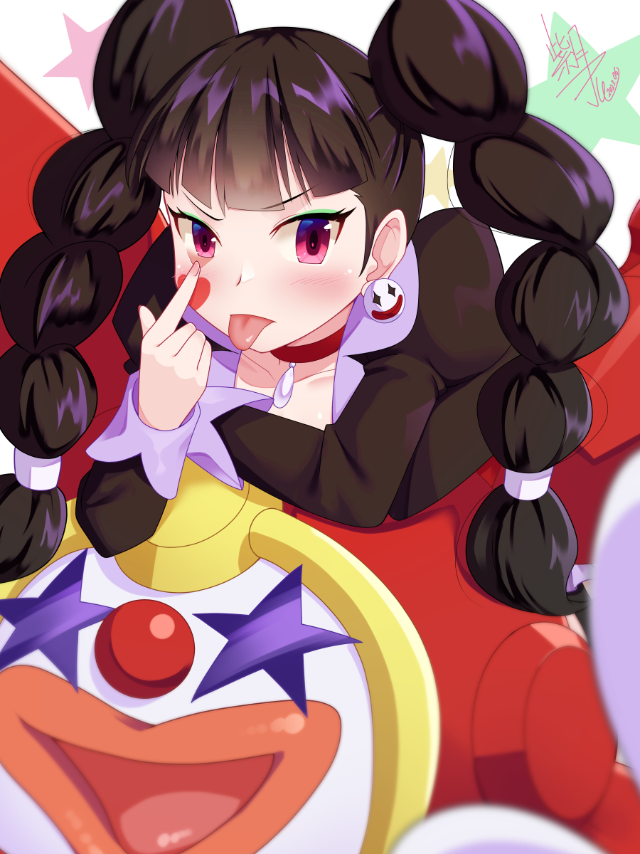 1boy, 1girl, akanbe, black_hair, braid, choker, circusman.exe, earrings, eyelid_pull, facial_mark, heart, heart_facial_mark, highres, jewelry, long_hair, long_sleeves, looking_at_viewer, mega_man_(series), mega_man_battle_network_(series), mega_man_battle_network_6, purple_eyes, red_choker, shizuki_airu, star_(symbol), tongue, tongue_out, twin_braids, upper_body, yuika_(mega_man)