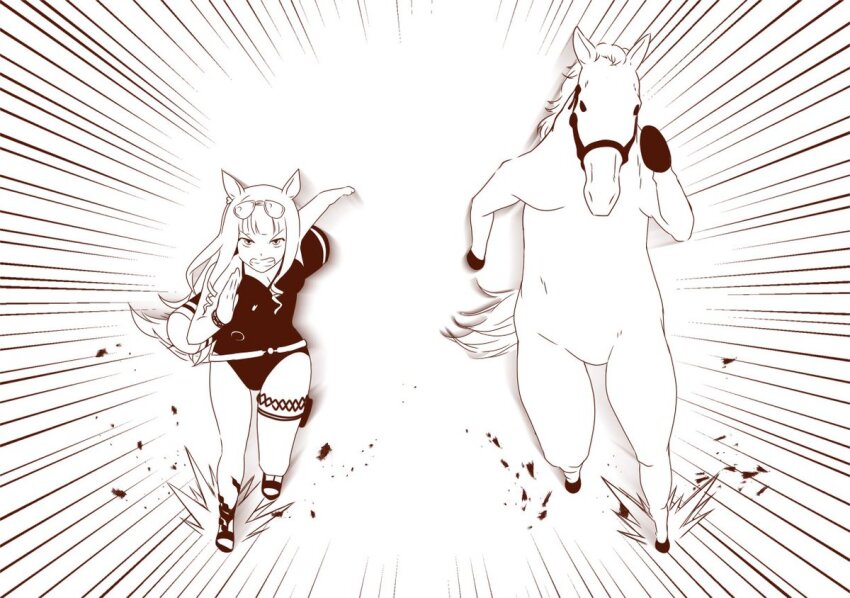 1girl, 1other, animal_ears, black_one-piece_swimsuit, blunt_bangs, breasts, casual_one-piece_swimsuit, cleavage