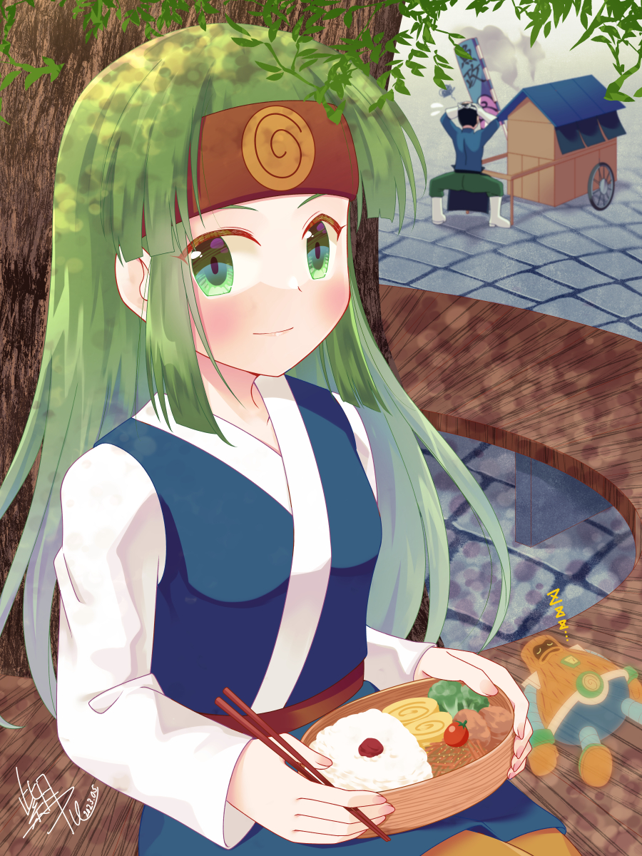 1girl, 2boys, chopsticks, closed_mouth, food, green_eyes, green_hair, headband