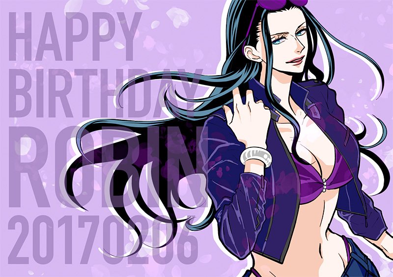 1girl, bad_id, bad_twitter_id, bikini, black_hair, blue_eyes, bracelet, commentary, eyelashes, eyewear_on_head, happy_birthday, jacket, jewelry, long_hair, looking_to_the_side, miri_(xxxmirink), nico_robin, one_piece, petals, pink_lips, purple_background, purple_bikini, purple_jacket, sidelocks, simple_background, smile, solo, swimsuit, upper_body