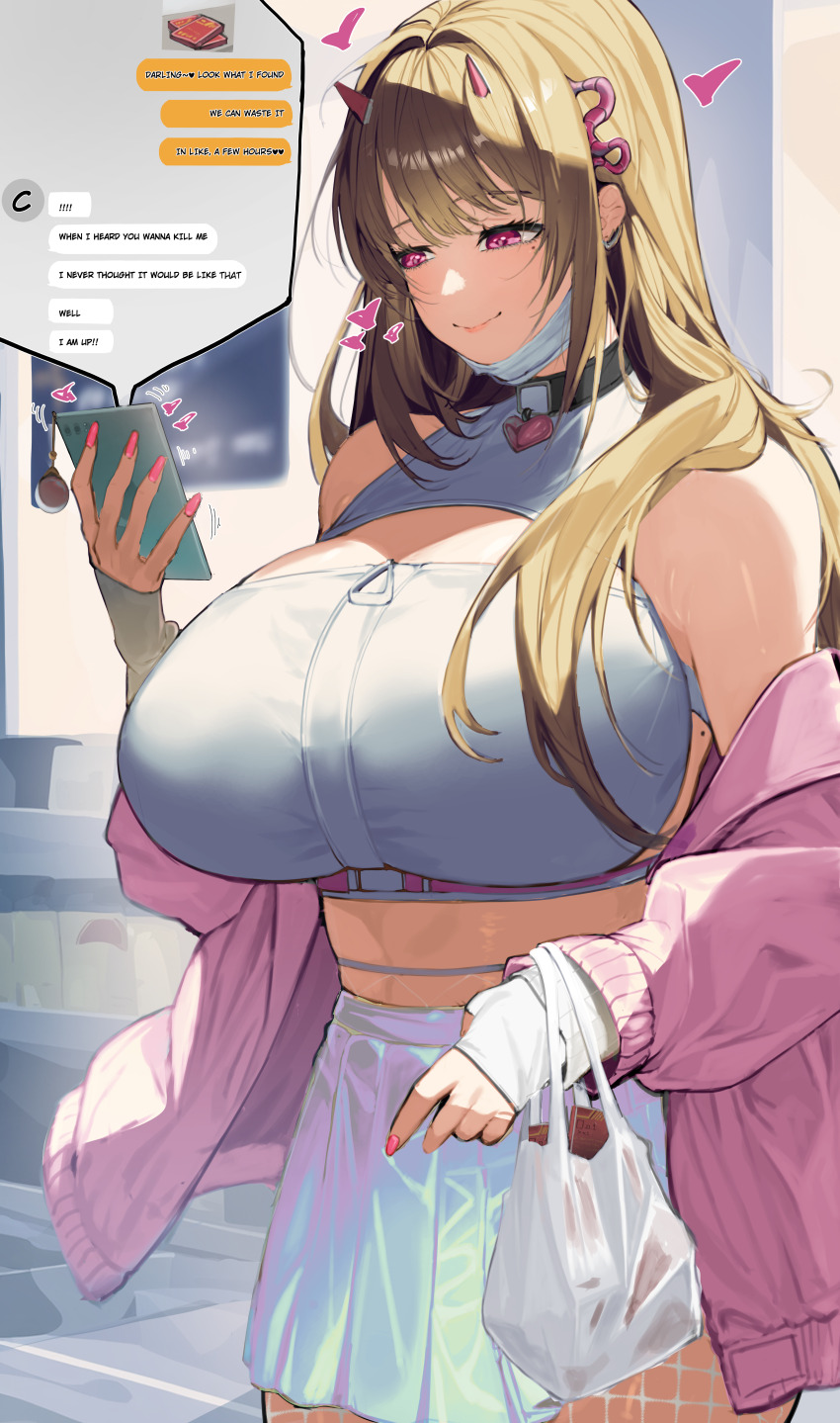 1girl, absurdres, bare_shoulders, blush, breasts, cellphone, cleavage, collar, cropped_shirt, goddess_of_victory:_nikke, hair_ornament, highres, iridescent_clothes, horns, huge_breasts, iridescent, jacket, light_brown_hair, long_hair, long_sleeves, midriff, nyahpa20, off_shoulder, phone, pink_eyes, pink_horns, pink_jacket, reflective_clothes, shiny_clothes, shirt, silver_skirt, skirt, sleeveless, sleeveless_shirt, smile, snake_hair_ornament, solo, viper_(nikke), white_shirt, white_skirt