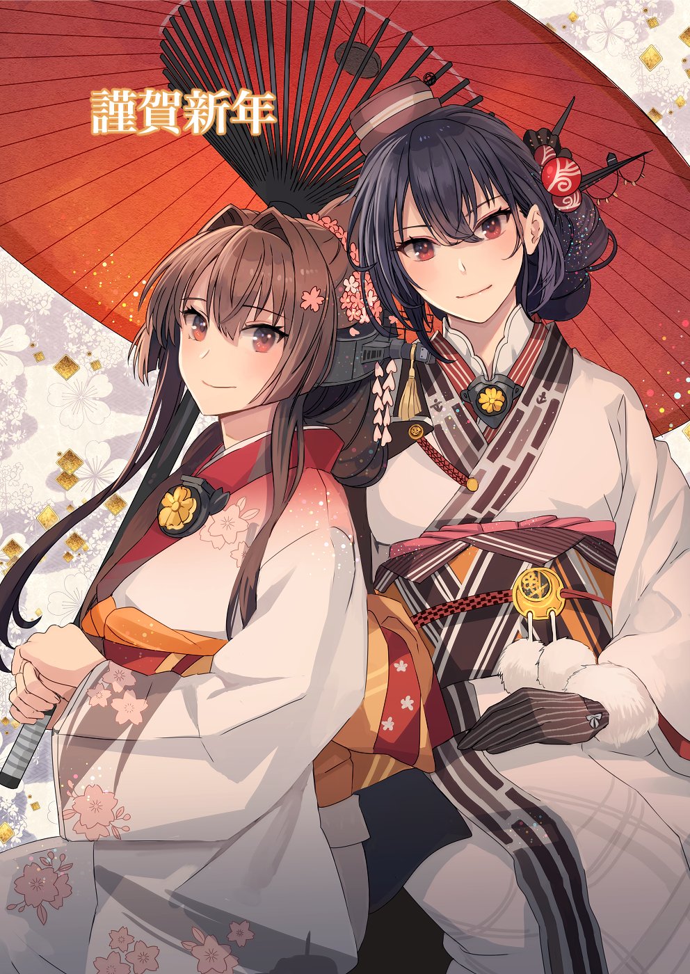 2girls, alternate_hairstyle, black_hair, blush, brown_eyes, brown_hair, closed_mouth, floral_print
