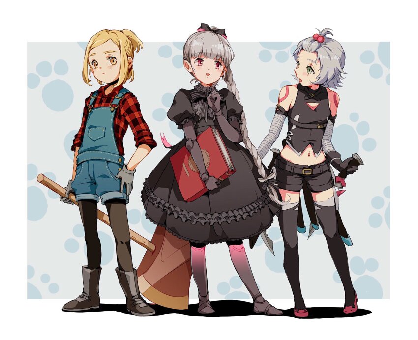 3girls, amidura, ankle_boots, arm_belt, axe, bandaged_arm, bandages, bangs_pinned_back