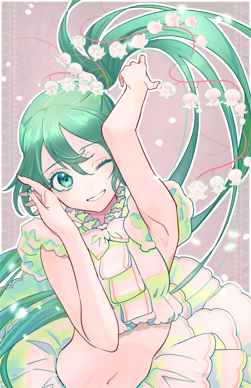 1girl, arm_up, armpits, blue_eyes, blush, crop_top, flower, green_hair