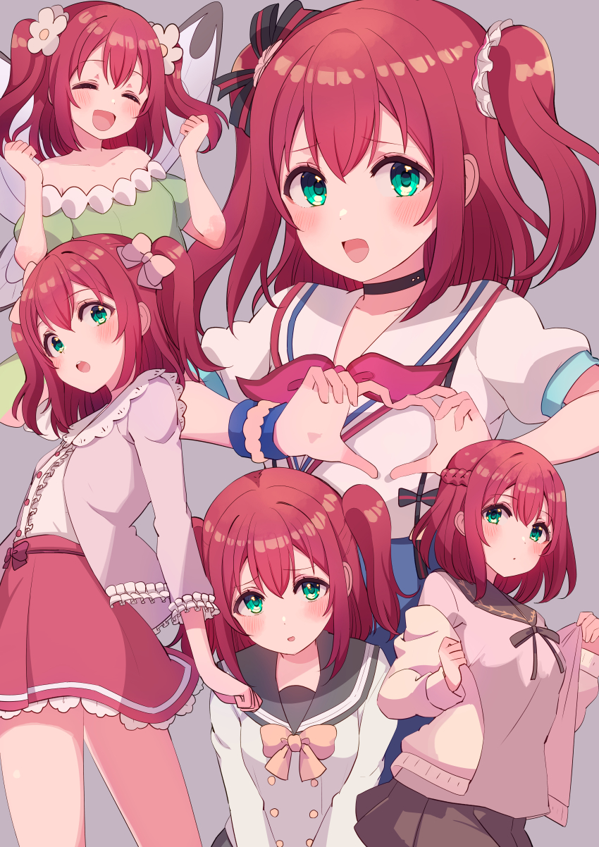 absurdres, aozora_jumping_heart, aqua_eyes, bare_shoulders, cream_(nipakupa), genjitsu_no_yohane, highres, kurosawa_ruby, looking_at_viewer, love_live!, love_live!_sunshine!!, medium_hair, multiple_girls, multiple_persona, red_hair, ruby_(genjitsu_no_yohane), short_sleeves, two_side_up, uranohoshi_school_uniform