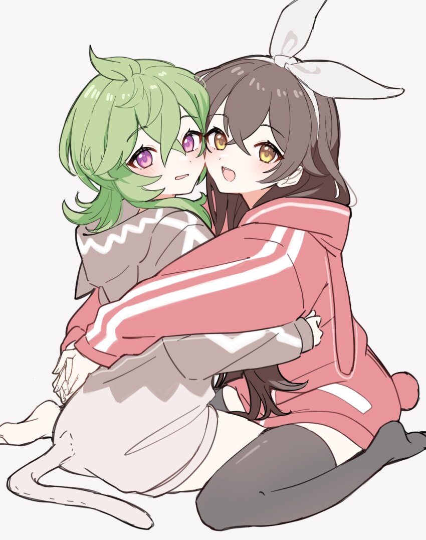 2girls, amber_(genshin_impact), brown_hair, brown_hood, collei_(genshin_impact), genshin_impact, green_hair, highres