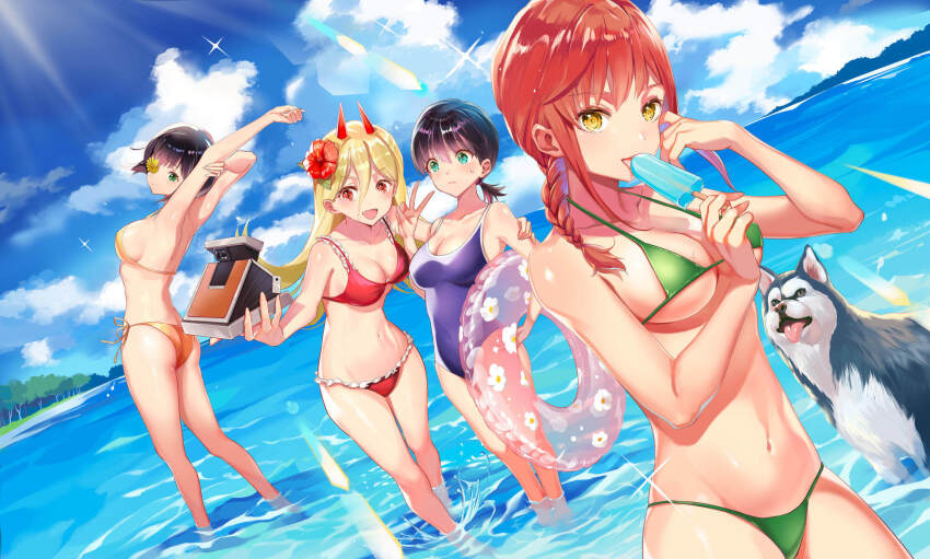 4girls, alternate_breast_size, alternate_eye_color, aqua_eyes, bikini, black_hair, blue_one-piece_swimsuit, braid