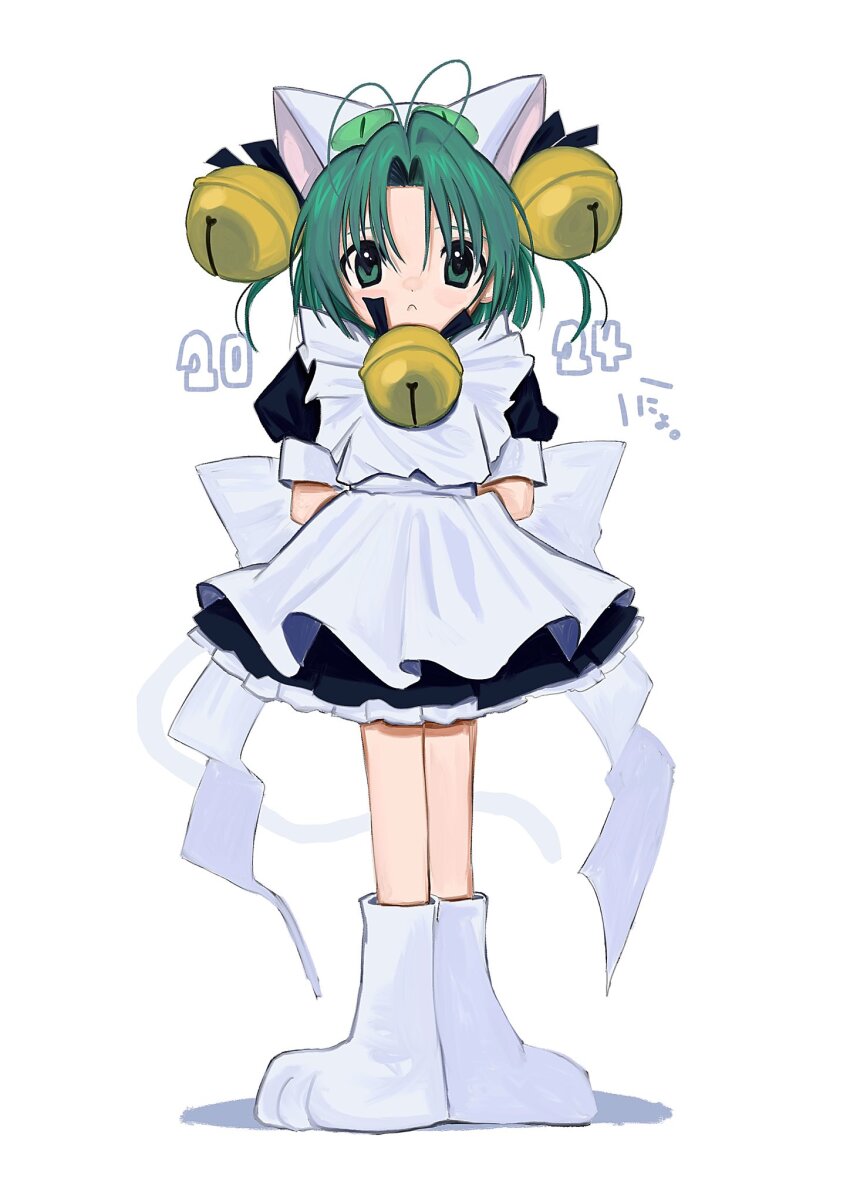 1girl, 2024, :<, animal_ears, animal_hat, antenna_hair, apron, arms_behind_back