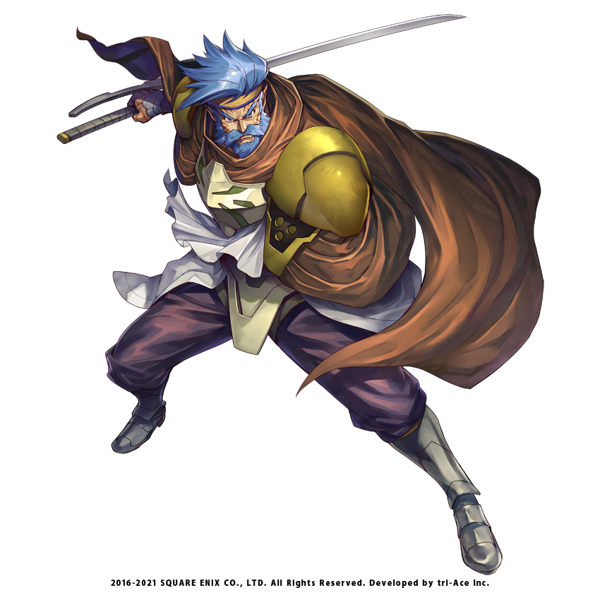 1boy, armor, ashlay_bernbeldt, beard, blue_facial_hair, blue_hair, bracer, breastplate, closed_mouth, commentary_request, copyright_notice, facial_hair, fighting_stance, fronk, full_body, furrowed_brow, grey_eyes, grey_footwear, holding, holding_sword, holding_weapon, katana, kijimoto_yuuhi, male_focus, mustache, official_art, orange_cloak, pants, pauldrons, purple_pants, sabaton, shirt, short_hair, shoulder_armor, simple_background, solo, star_ocean, star_ocean:_anamnesis, sword, thick_eyebrows, thick_mustache, v-shaped_eyebrows, weapon, white_background, white_shirt, wrinkled_skin