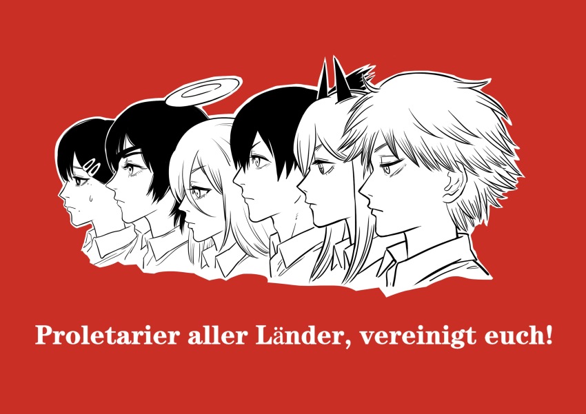 3boys, 3girls, absurdres, angel_devil_(chainsaw_man), chainsaw_man, chinese_commentary, commentary_request, communism