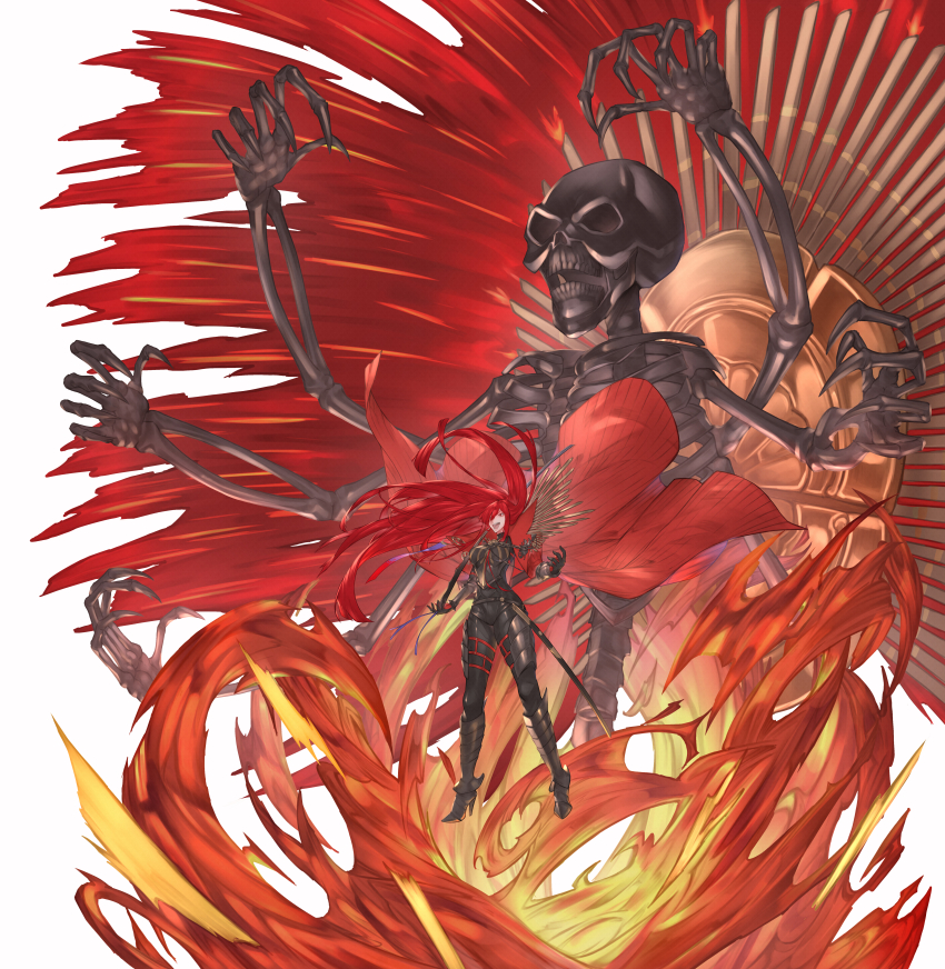 1girl, absurdres, armored_boots, black_bodysuit, bodysuit, boots, cape, collared_cape