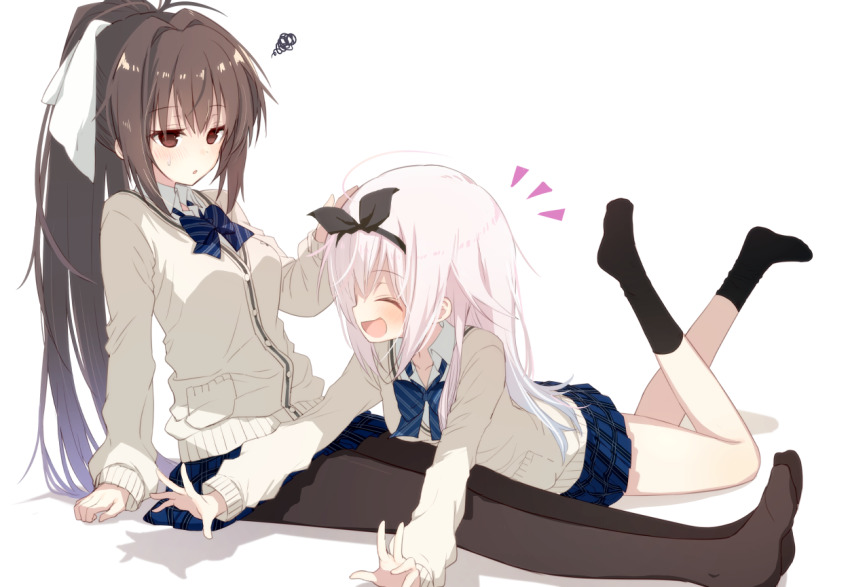 2girls, ^_^, ahoge, arm_support, black_pantyhose, black_ribbon, black_socks, blue_bow, blush, bow, brown_eyes, brown_hair, cardigan, closed_eyes, collared_shirt, commentary, facing_another, feet_up, frown, full_body, hair_between_eyes, hair_intakes, hair_ribbon, happy, headpat, hikawa_ruriwo, jitome, kawachino_suzuna, kneehighs, leaning_back, legs_together, long_hair, long_sleeves, looking_at_another, lying, multiple_girls, nagesuteaka, no_shoes, notice_lines, on_stomach, open_mouth, outstretched_arms, pantyhose, pink_hair, ponytail, ribbon, sakura_no_toki, sakura_no_uta, school_uniform, shirt, sidelocks, simple_background, sitting, sleeves_past_wrists, smile, socks, squiggle, straight_hair, sweatdrop, very_long_hair, white_background, white_cardigan, white_shirt