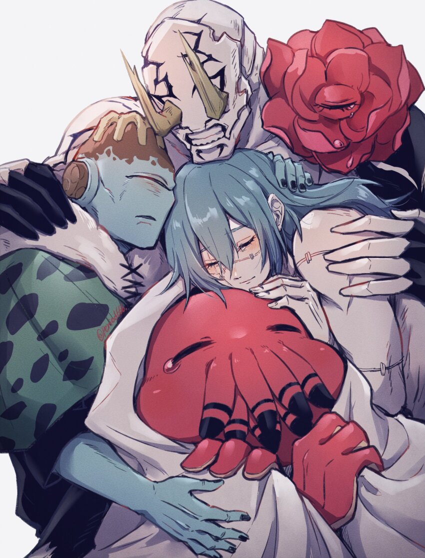 2boys, akasuzu3641, black_nails, blue_hair, blue_skin, capelet, closed_eyes, colored_skin, cowboy_shot, cyclops, dagon_(jujutsu_kaisen), green_capelet, group_hug, hanami_(jujutsu_kaisen), highres, hug, jogo_(jujutsu_kaisen), jujutsu_kaisen, long_hair, mahito_(jujutsu_kaisen), monster, multiple_boys, one-eyed, patchwork_skin, robe, standing, tearing_up, teeth, topless_male, white_background, white_robe