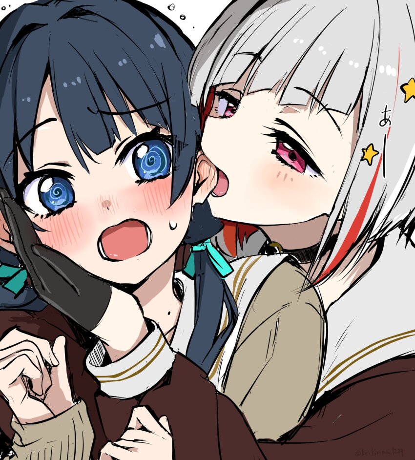 2girls, @_@, asymmetrical_bangs, biting, biting_ear, black_gloves, blue_eyes, blue_hair