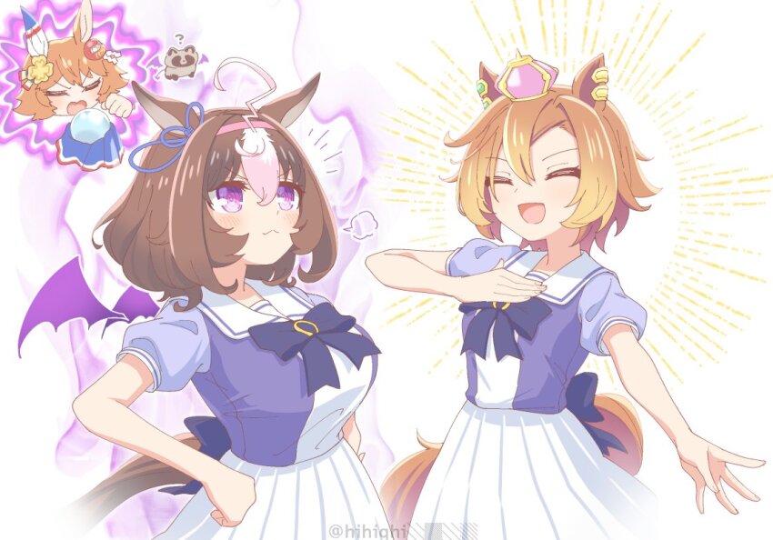 3girls, :<, @_@, ahoge, animal_ears, blush, breasts, brown_hair