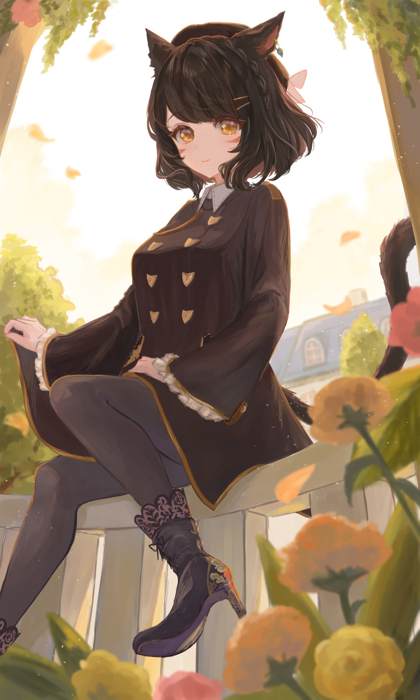 1girl, absurdres, animal_ears, black_pantyhose, blurry, brown_eyes, brown_hair, brown_raincoat, cat_ears, cat_tail, commission, depth_of_field, earrings, falling_leaves, final_fantasy, final_fantasy_xiv, flower, foliage, full_body, hair_ornament, hair_ribbon, hairclip, high_heels, highres, house, jewelry, leaf, light_smile, lips, looking_at_viewer, miqo'te, noyuri_(noyuriin), pantyhose, raincoat, ribbon, short_hair, sitting_on_fence, skeb_commission, solo, stiletto_heels, tail, warrior_of_light_(ff14)